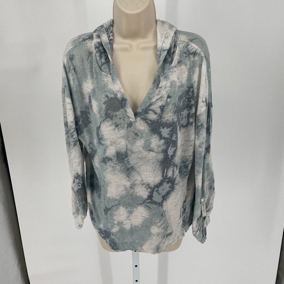 Cynthia Rowley Linen Hoodie Top Blue Tie Dye Roll Tab Sleeves Womens Sz Large - Picture 1 of 8